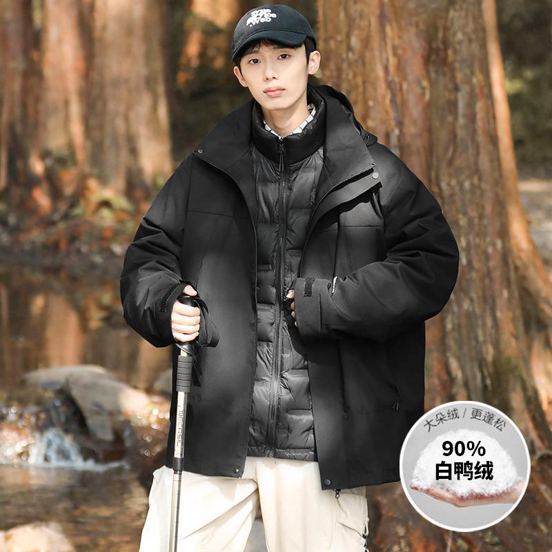 Winter new men's and Korean three-in-one hooded contrasting letter printed white duck down jacket light and thin couple jacket