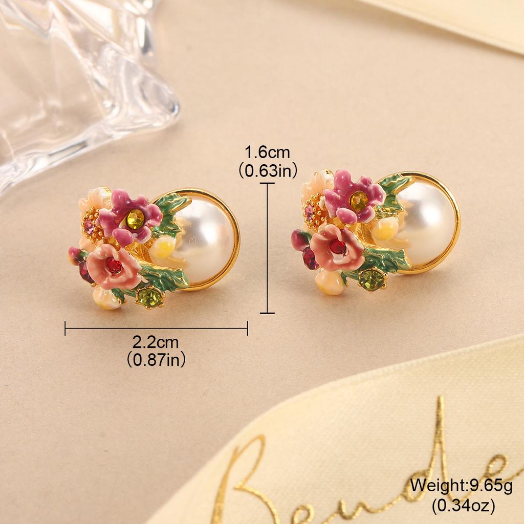 Flower Pearl Stud Earrings Enamel Oil Dripping Flower Mini Love Mori Design Sense Light Luxury Earrings Women