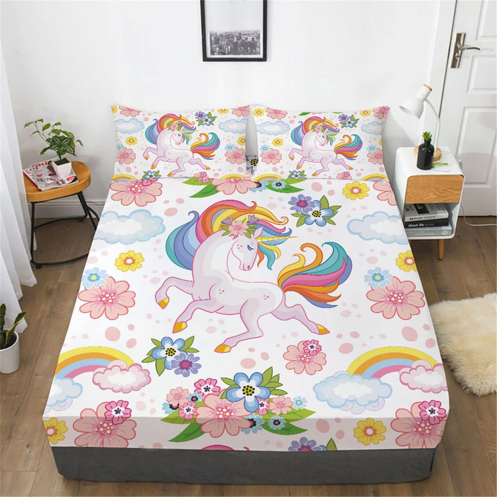 Cartoon Unicorn Pattern Mattress Three-Piece Digital Printing Mattress Bedding Set Adult Children