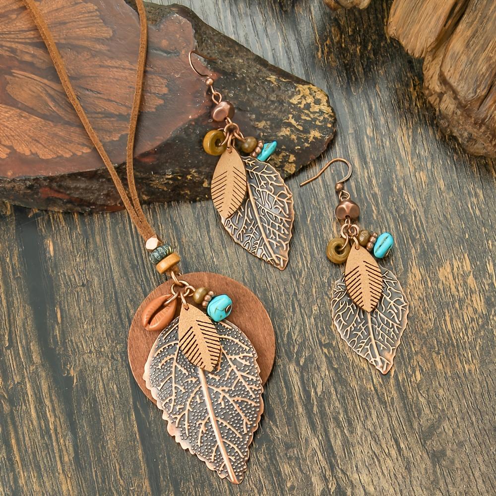 Bohemian Leaf Pendant Necklace and Earrings, Vintage Tribal Style Iron Jewelry for Women, Versatile for Daily Wear and Vacation