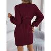 New Women’s Solid Color Cable Knit Hollow Out Lantern Sleeve Bodycon Sweater Dress