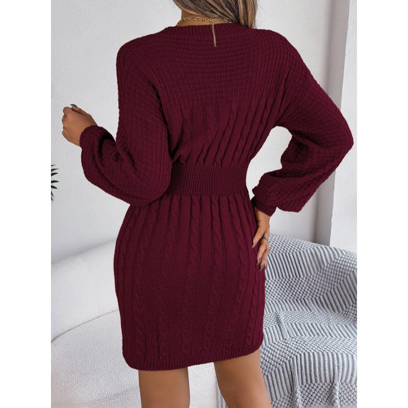 New Women’s Solid Color Cable Knit Hollow Out Lantern Sleeve Bodycon Sweater Dress