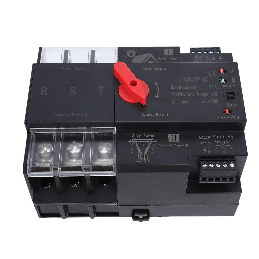 Dual Power Automatic Transfer Switch Uninterrupted ATS 3P 100A Din Rail Mount Toggle Controller PV Mains Supply