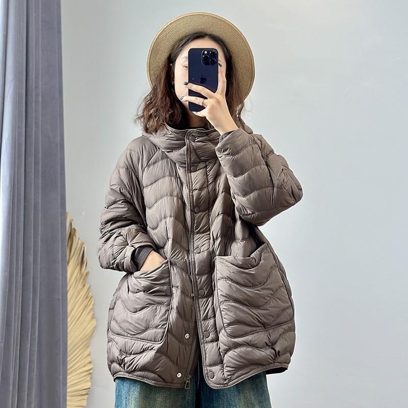 Womens Lightweight Medium-Length Down Jacket With Hood Casual Winter Coat 50% Duck Fill