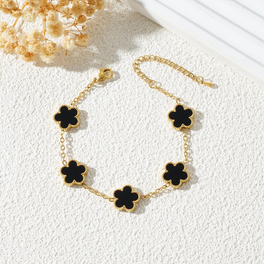 18K Gold-Plated Stainless Steel Five-Leaf Clover Bracelet with Mother-of-Pearl for Women