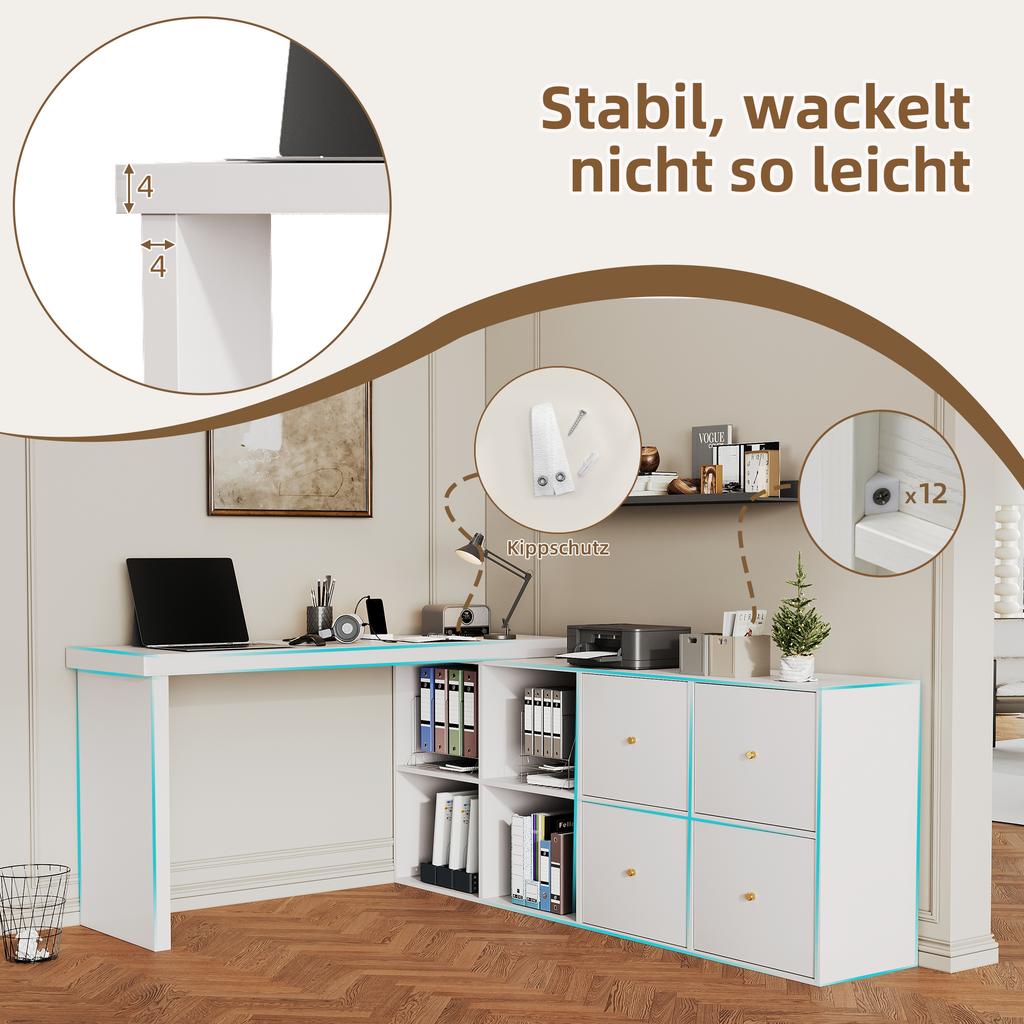 Corner Table, Tabletop 360 Swivel - Can Be Set Up L-shaped or Straight, MDF, Tabletop and Legs Reinforced 4 cm, 4 Compartments, 4 Drawers, White, Desk