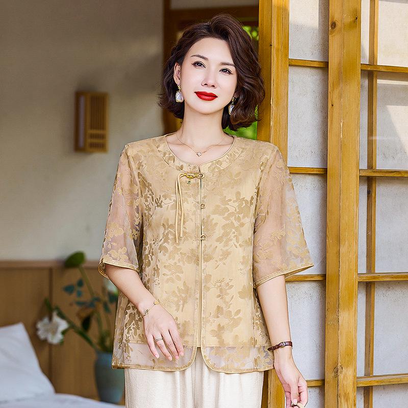 

Elegant Summer 2026 Round Neck Chiffon Blouse for Middle-Aged and Elderly Women - Long Sleeve, Belly-Covering Design XL (80-95 Jin) хаки