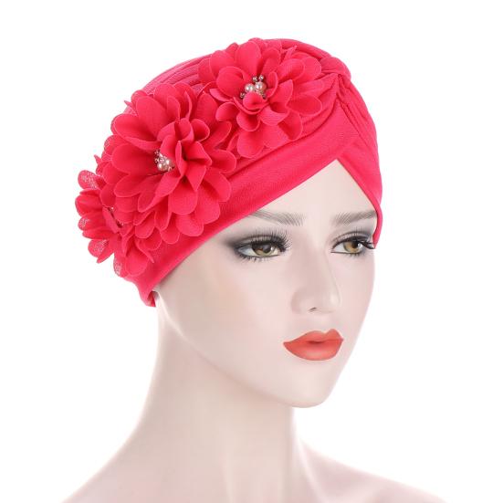 Three Flower Decal Design Turban Hat Elastic Hijab Cap Hair Loss Cover Headwear