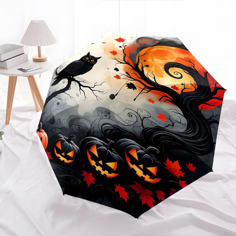 1pc Halloween Jack-o'-Lanterns & Black Owl Automatic Opening Folding Umbrella, 8 Rib Iron Frame Outdoor Umbrella for Festival Gifts, Travel, Daily Use