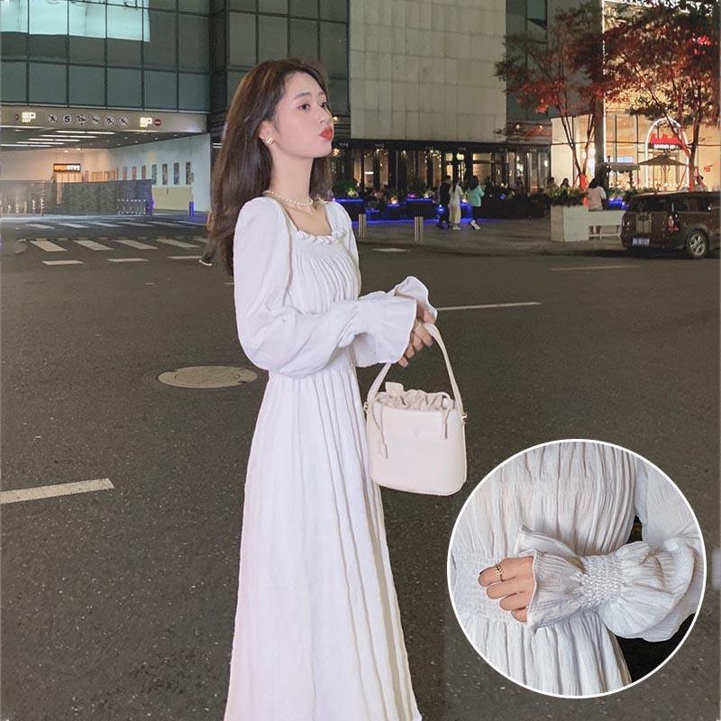 Square Neck White Long Dress Flare Sleeve Waist Wrapped Black Slim A Line Women Versatile Gentle Style Dresses