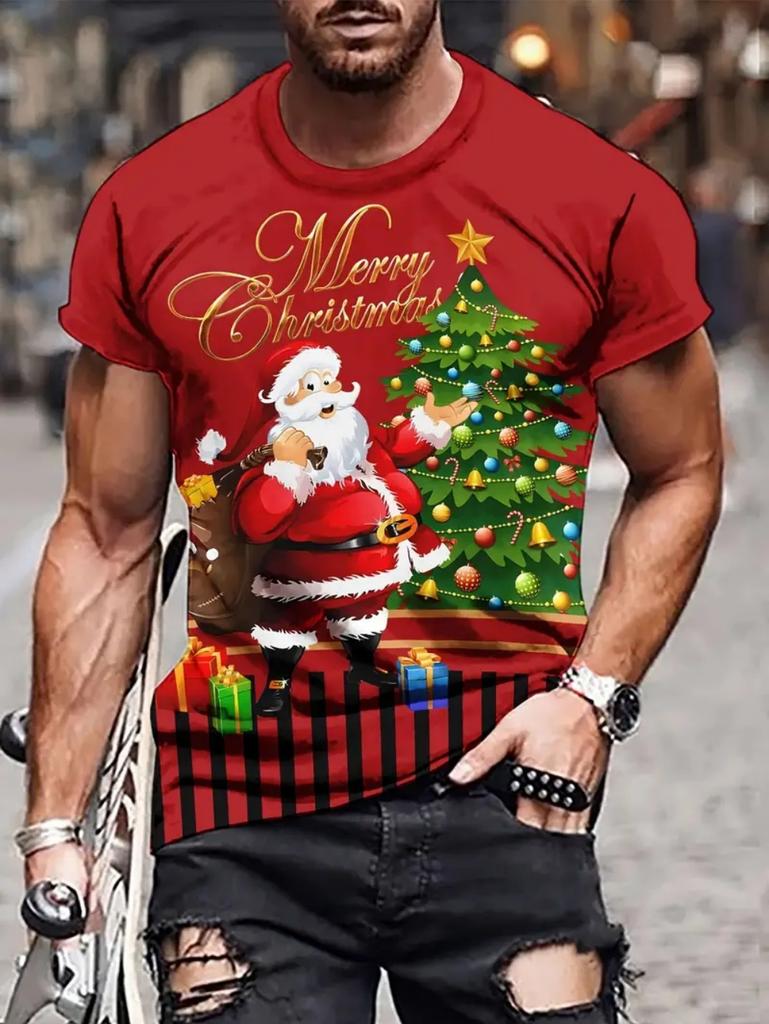 Christmas Men's T-Shirts Cute Santa Claus Print Summer Men Short Sleeve Tee Loose Y2k O-Neck Top Holiday Casual Men's Clothing