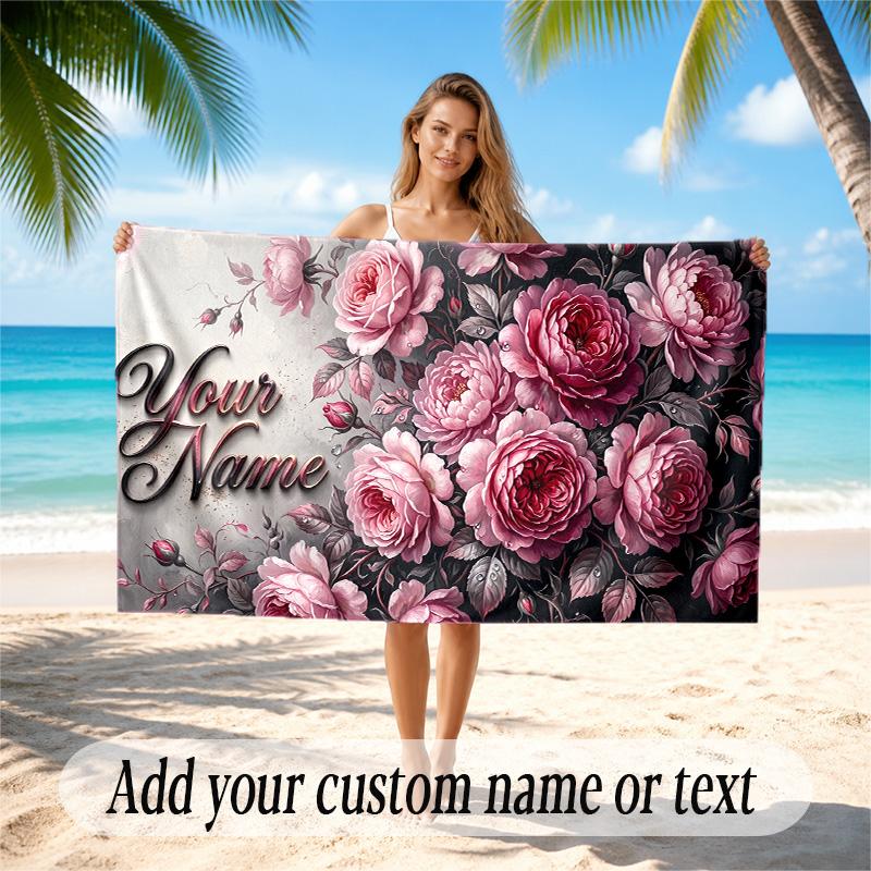 Floral Garden Theme Quick Dry Beach Towel Custom Name Text Print Large Sand Resistant Towel Beach Vacation