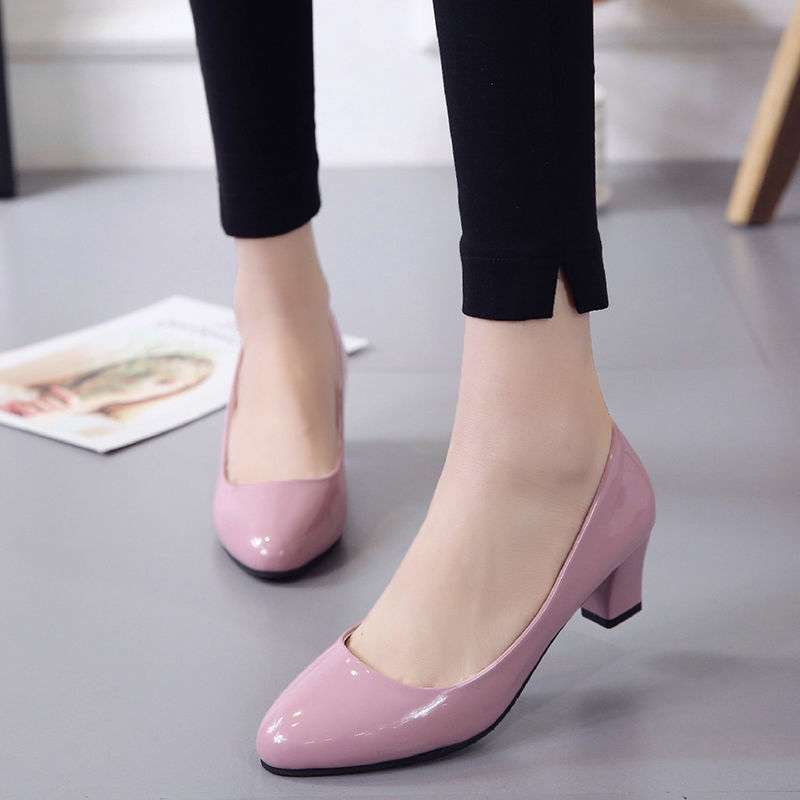 Single Shoes Women's Versatile Work High Heels Spring and Autumn Thick Heel Middle Heel Bow Patent Leather Nude Women's Rhinestone Single Leather Shoe