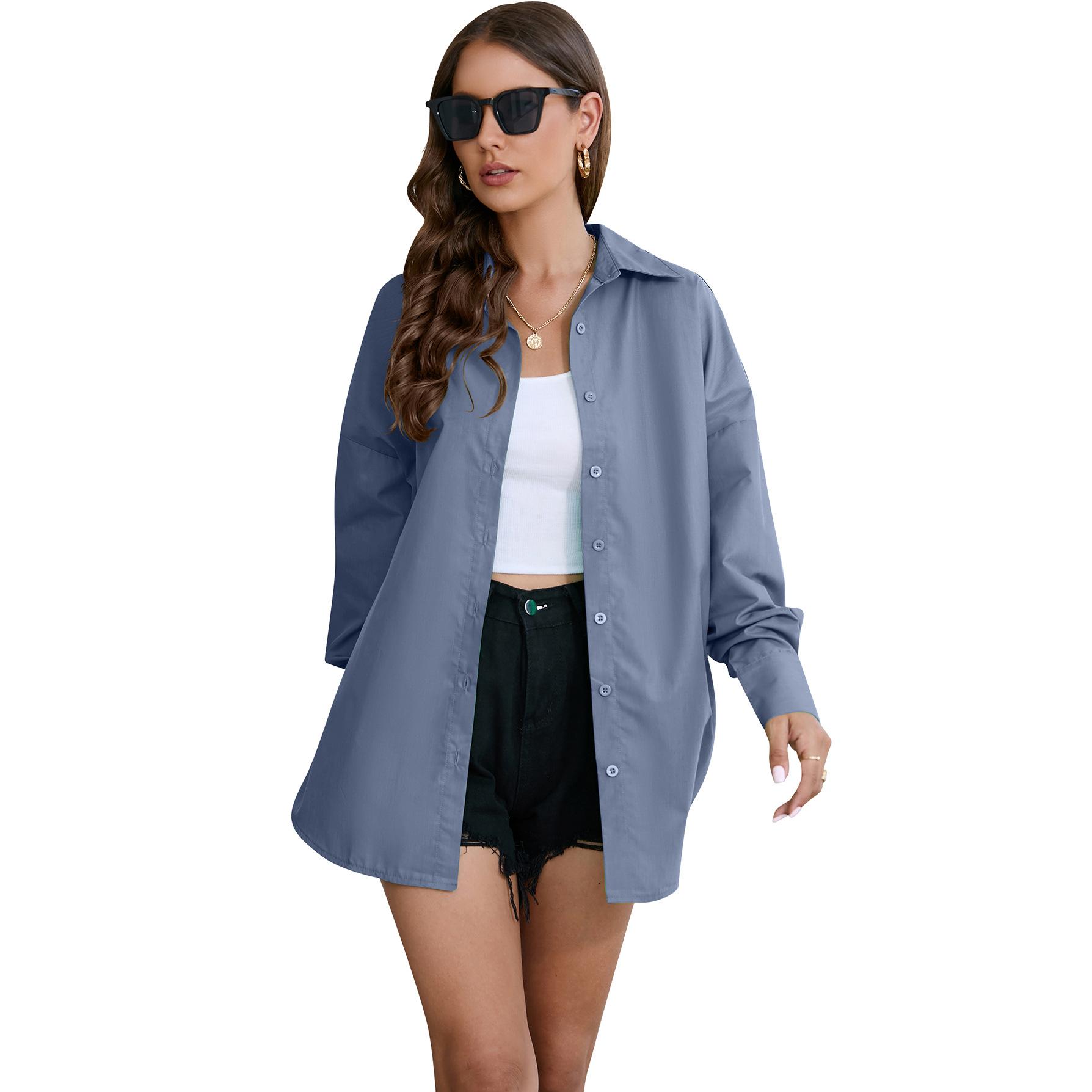 Весенне-осенняя женская рубашка, однотонная яркая цветная рубашка, топ с длинными рукавами S серо голубой