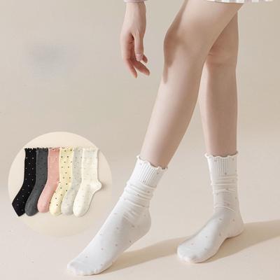 Herbstsocken für Damen, Schwarze Mittelschaftsocken mit Ohrenbesatz, Atmungsaktive Gepunktete Spitze Flauschsocken