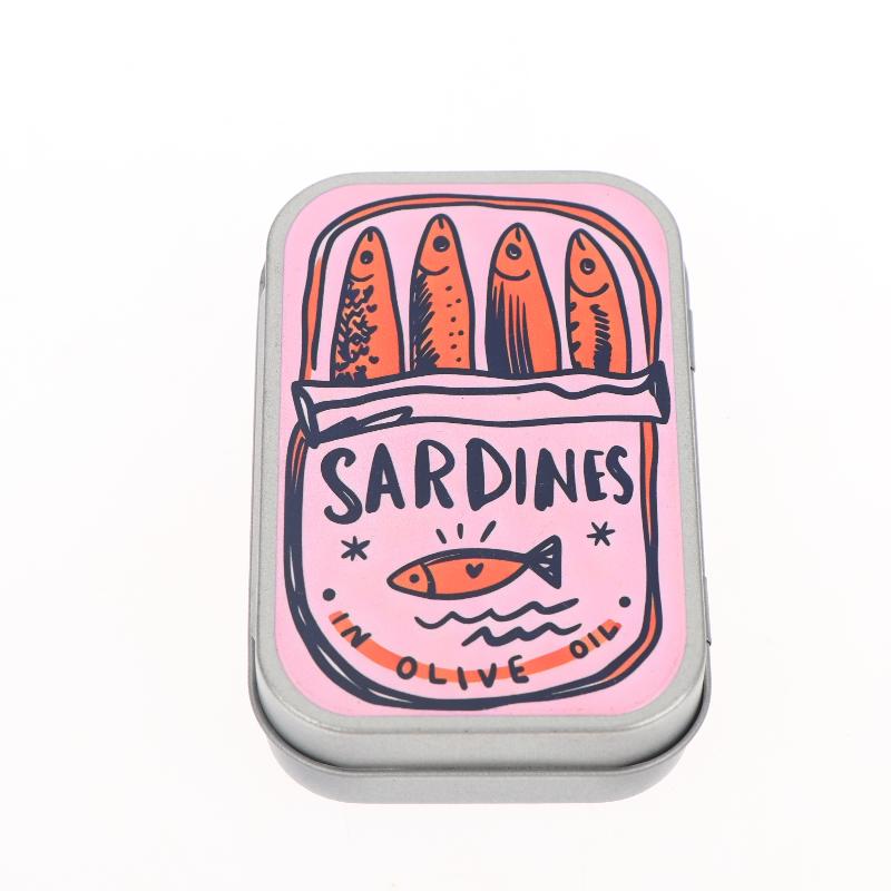 1Pcs Portable Tin Case Mini Metal Box Cute Sardine Print Tin Box Small Pill Case Travel Jewelry Storage Case Desk
