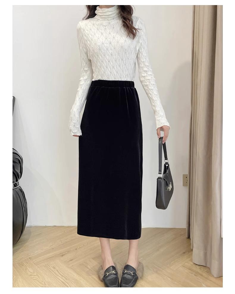 Black Gold Velvet High Waist Slimming Skirt for Women - 2026 Spring/Autumn, Plus Size, Mid-Length