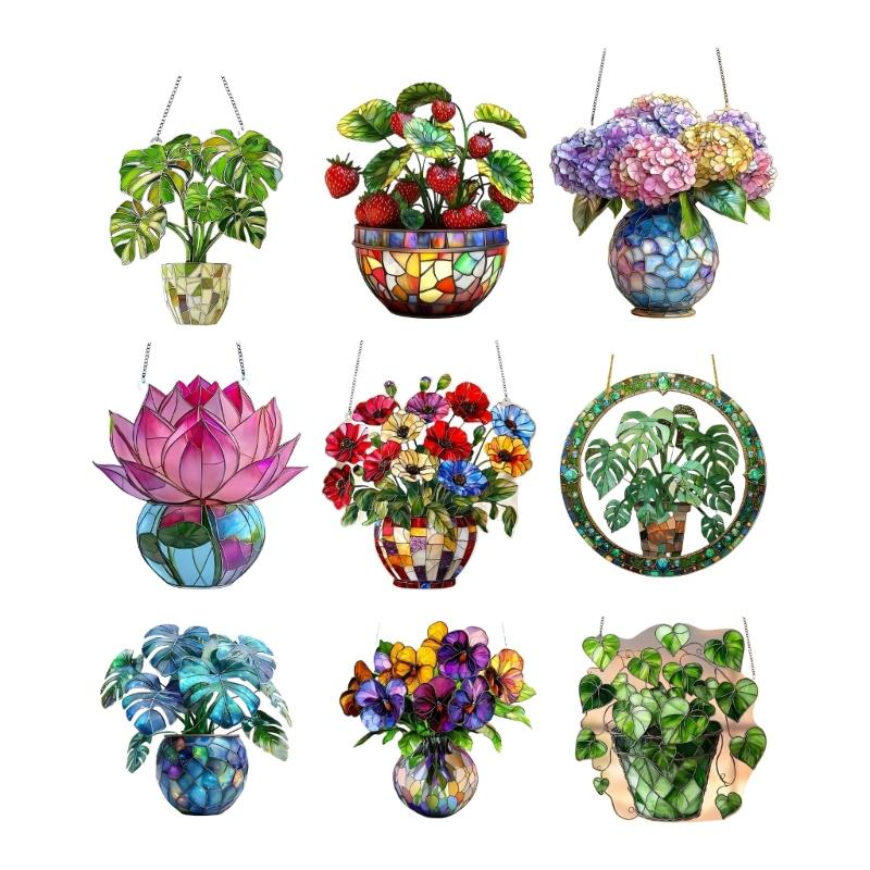 Colorful Acrylic Potted Plant Hanging Sign For Outdoor Lawn Party Decorations Weather Resistant Design Window Ornament