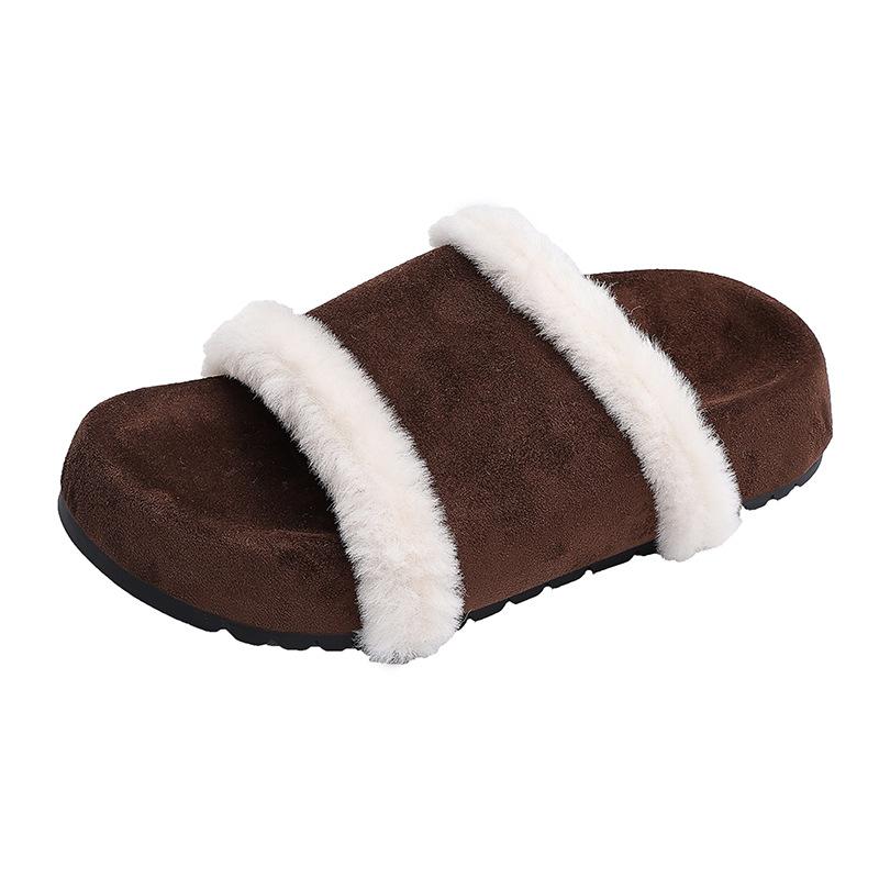 Internet Celebrity Platform Fluffy Cotton Towed Slippers Women's Shoes Wear 2025 New Autumn and Winter Brown Fluffy Shoes