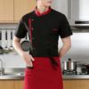 Kochuniform Schürze Hut Set Stehkragen Kurzarm Kochbekleidung mit Mehrfachtaschen-Design Patchwork-Farbe Küchenpersonal