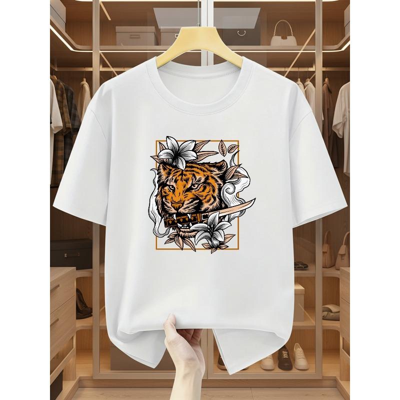 Men S T-Shirt Tiger Head with Knife And White Flowers Pattern Fashion Short Sleeve T-Shirt Comfortable Casual Short-Sleeved T-Shirt in Summer 2XL белый