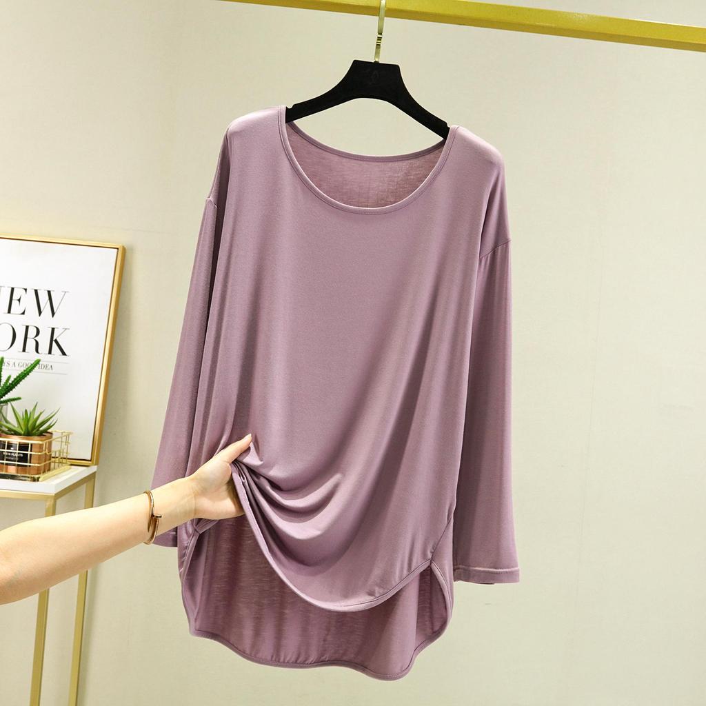 T-shirt da Donna in Modal Larga a Maniche Lunghe - Primavera/Estate Sottile Girocollo Taglie Forti Versatile Top alla Moda