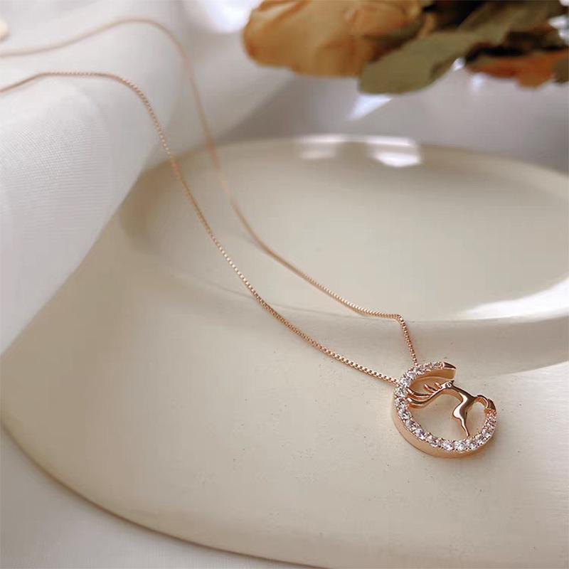 S925 Sterling Silver Deer & Moon Pendant Necklace - Women s Clavicle Jewelry, Valentine s Day Gift 925 Silver розового золота