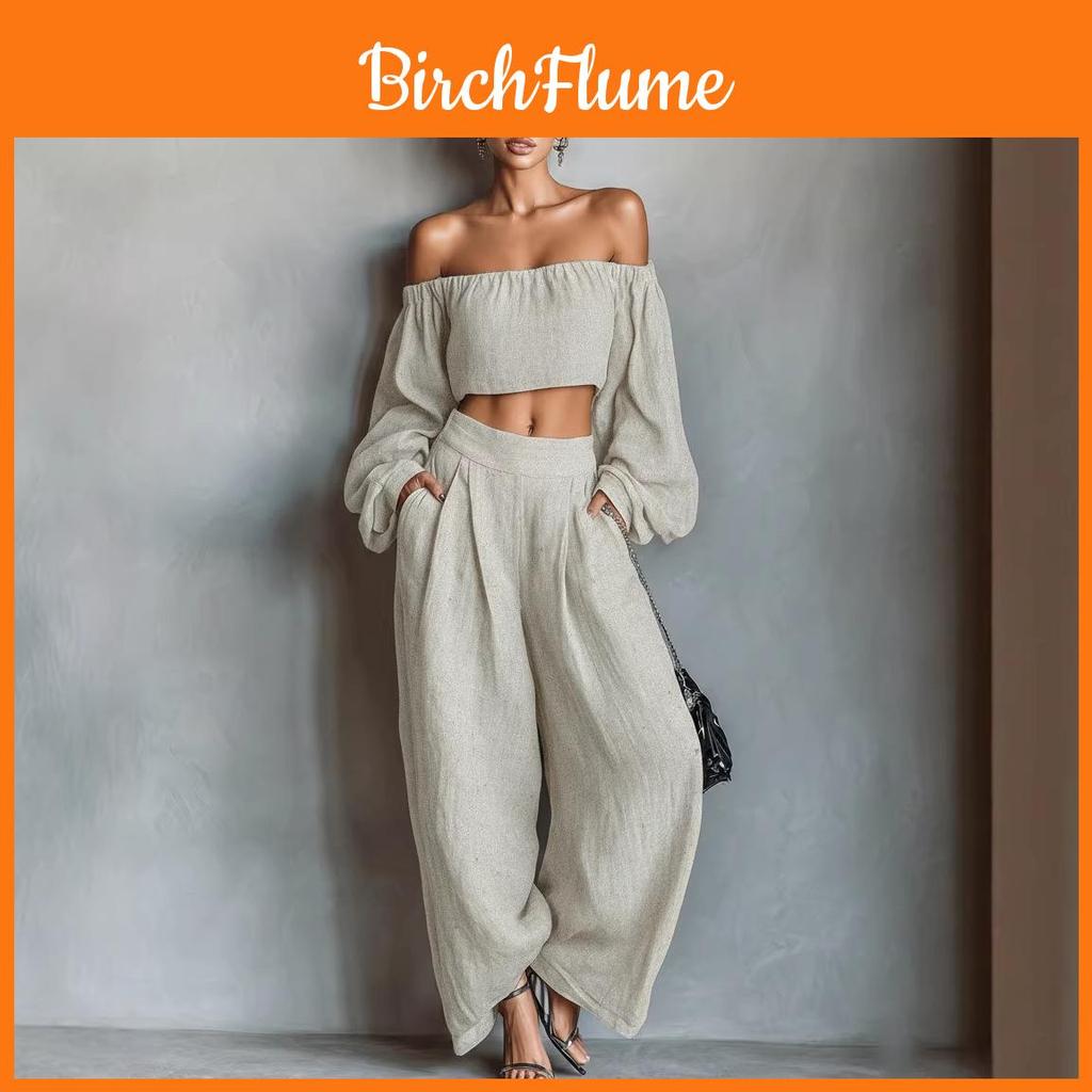 Spring Womens Off Shoulder Crop Top And Wide Leg Pants Set With Spliced Design For Casual Wear