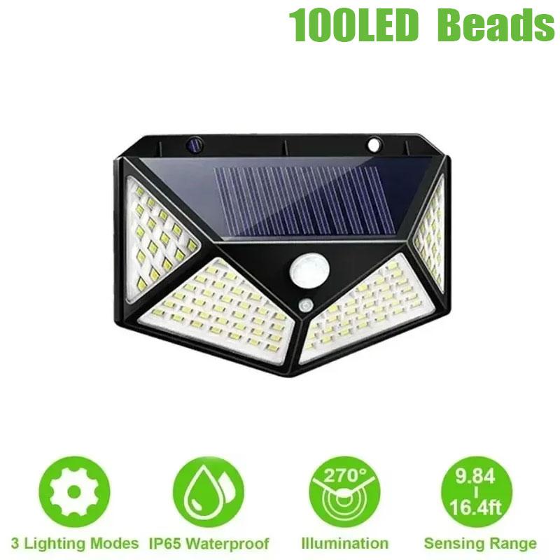 Solar Powered 100 LED Motion Sensor Wall Light, Waterproof Outdoor Security Lamp for Garden, Fence, Yard, Pathway Decoration