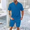 Men's Waffle Collar Solid Color Short Sleeved Shorts Casual Set