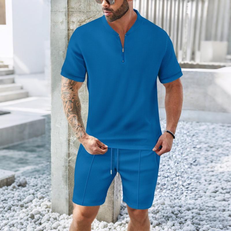Men's Waffle Collar Solid Color Short Sleeved Shorts Casual Set