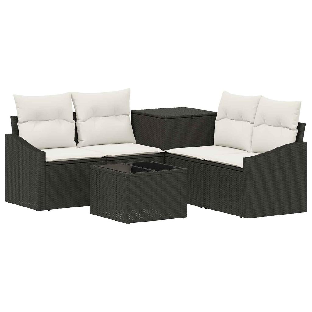 Sofa Set 6 Pieces Black and Cream White Poly Rattan and Steel
