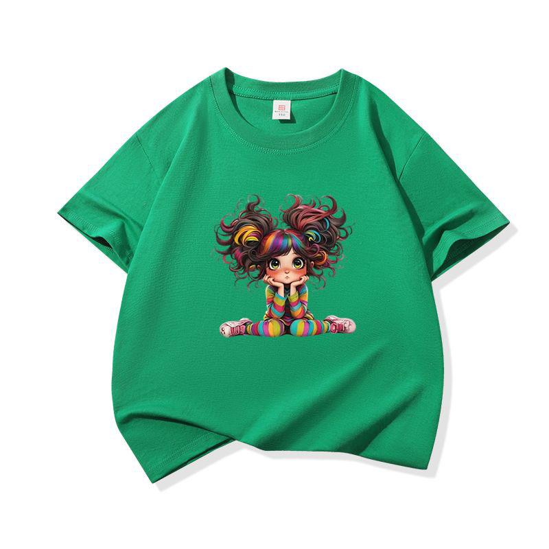 Kids Cotton T Shirt Charming Rainbow Hair Girl Sitting Print Crew Neck Short Sleeve Tee Casual Boys Girls Summer Tops