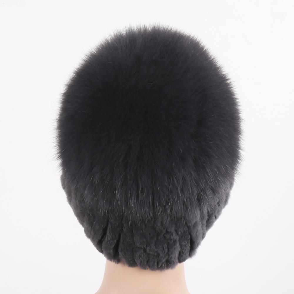 New Women Winter Luxury Real Rex Rabbit Fur Hat Knitted Rex Rabbit Fur Hat Top Natural Fox Fur Cap Genuine Fox Fur Beanies Hat