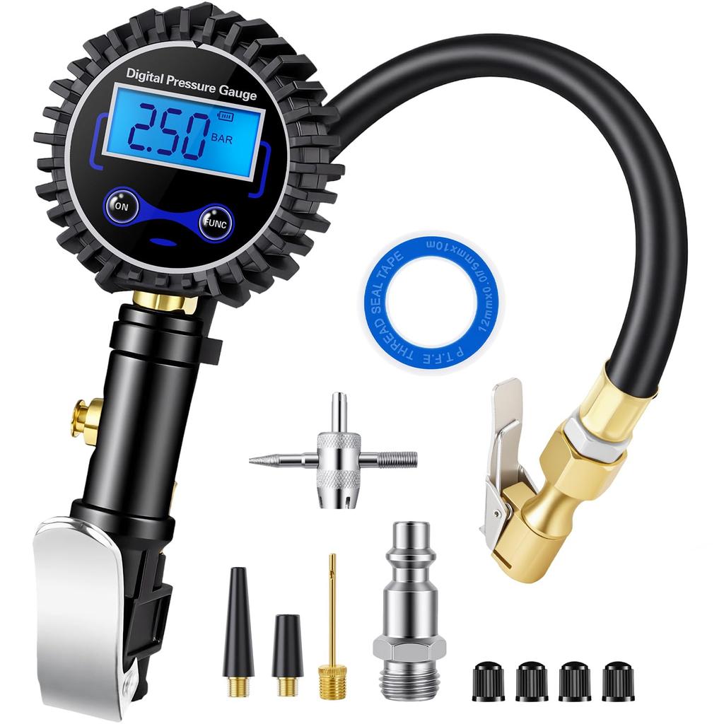 Digital Tire Pressure Gauge with Inflator, 3-250 PSI Air Compressor Accessories with Air Chuck Quick Connect Coupler, Car Attachments with Rubber