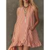 Women S Vintage V Neck Striped Sleeveless Ruffle Mini Dress
