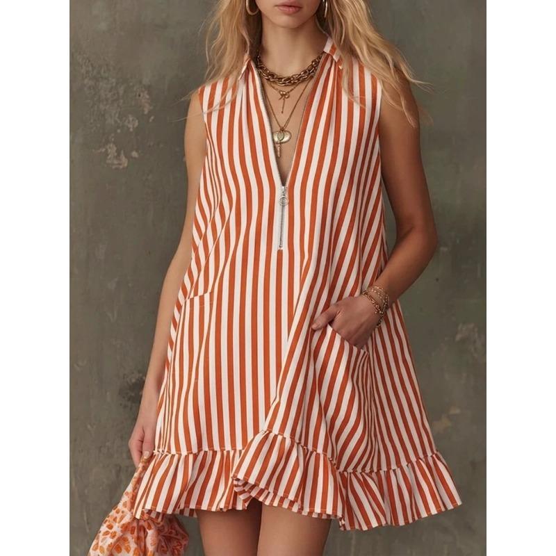Women S Vintage V Neck Striped Sleeveless Ruffle Mini Dress