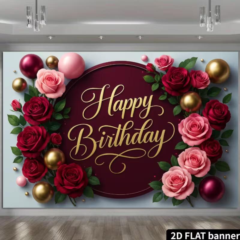 2D Burgundy Gold Birthday Backdrop - Luxury Floral Banner for Adult Birthday Photoshoot