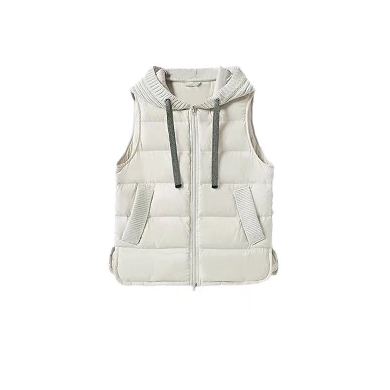 High Luxury White Goose Down Down Vest Women's 2025 Winter Fashion Lightweight Knitted Splicing Warm Vest Hooded Vest