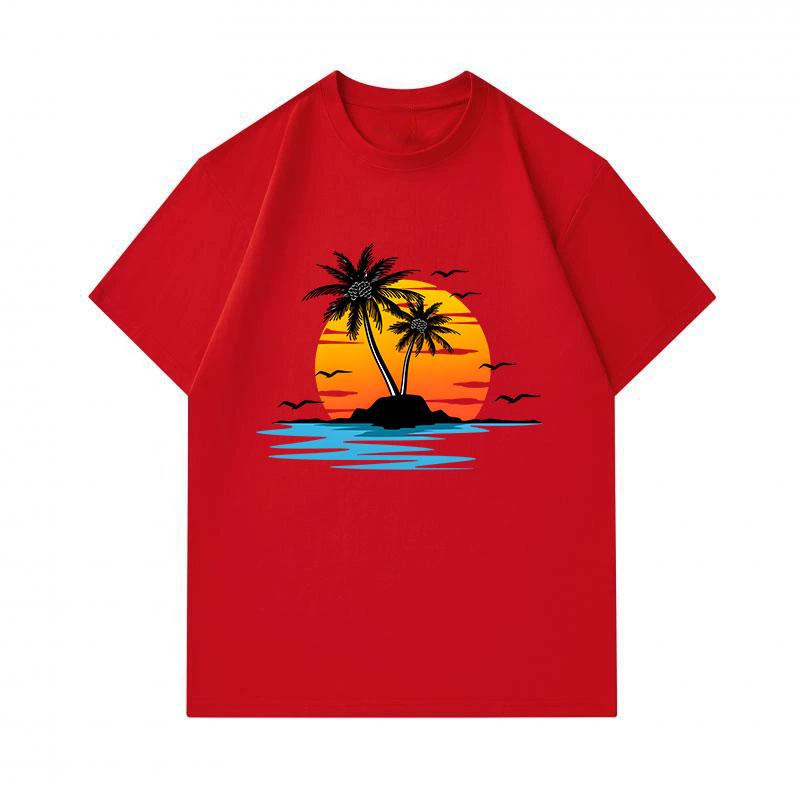 Men's 100% Cotton Crew Neck Short Sleeve T-Shirt, Casual Palm Tree Island Sunset Seagull Print Summer Beach Holiday Comfortable Loose Fit Tee for Dail