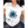 European Size Women's T-Shirt with Delicate Translucent Blue Dahlia Flower Print - Short Sleeve Round Neck, All-Season Top for Casual Attire