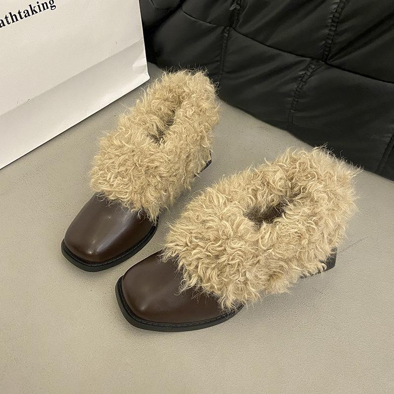 

Low heel square head to keep warm winter single shoes color matching winter plush sleeve plush casual Korean version Internet celebrity tide to 40 коричневый