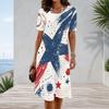 Women Plus Size Round Neck Short Sleeve Star Printed A Line Dress Red White Blue