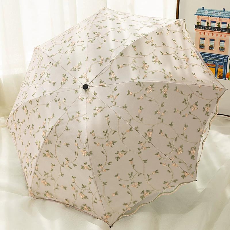 Double-Layer Lace Embroidered Sun Umbrella for Women, Black Glue Coating for Sun Protection and Uv Protection, Princess Umbrella, Sunshade and Rain