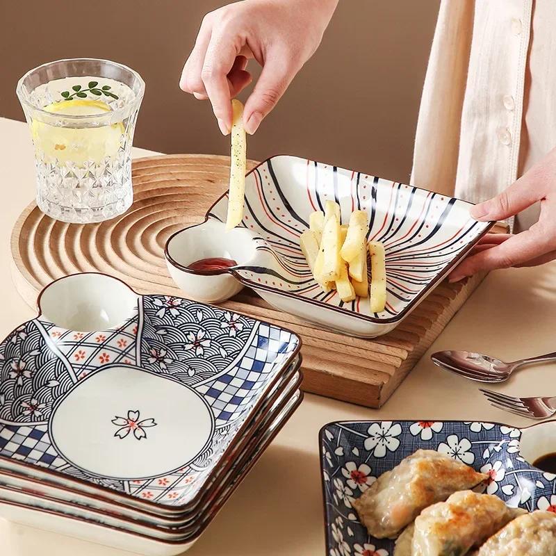 Bohemian Ceramic Dumpling Plate Household Underglaze Color Snack Dish with Saucer Fruit Dessert Platter French Fries Tray