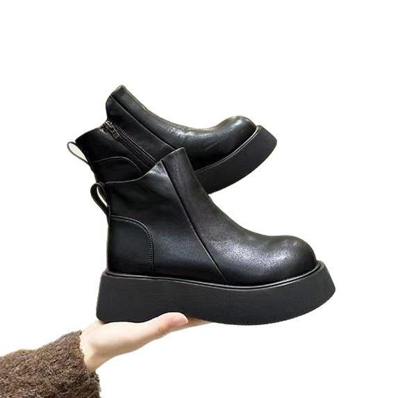 Soft leather thick-soled short boots, new big-headed muffin bottom in autumn and winter, retro small boots with velvet.