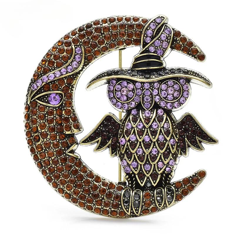 

Винтажная брошь в виде лунной совы для женщин, со стразами, животное, для вечеринки, корсажная булавка, подарок