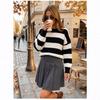 Womens Oversized Knit Sweater With Black White Horizontal Stripes Round Neck Loose Fit Long Sleeve Casual Streetwear Top