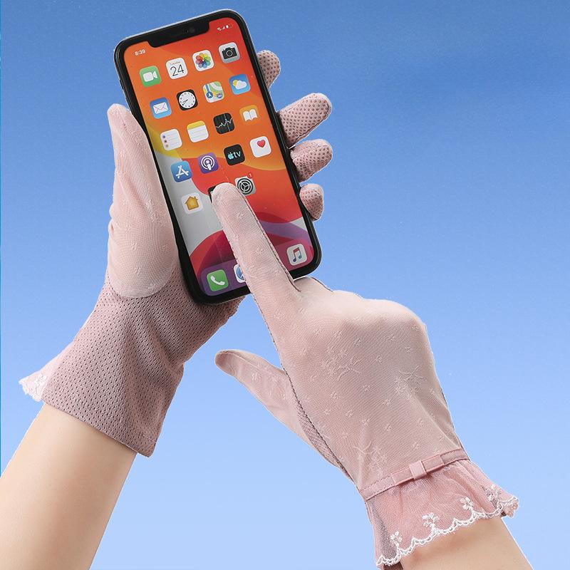 Sunscreen Gloves for Summer Women's Lace Thin UV Proof Outdoor Riding and Driving Non Slip Breathable Ice Silk Touch Screen