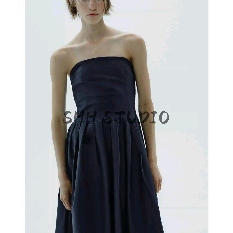 Summer New Women's Pleated off-the-Shoulder Fitted Waist Poplin Tube Top French Evening Dress Length Dress 4661219